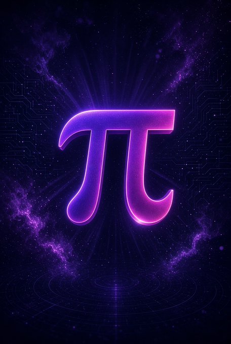A glowing purple pi (π) symbol radiating light against a dark cosmic background filled with circuit board patterns and stars.