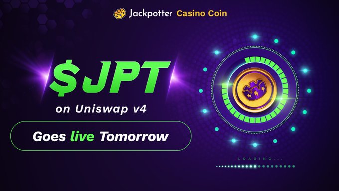 Promotional graphic for Jackpotter Casino Coin announcing '$JPT on Uniswap v4 Goes live Tomorrow' with a glowing coin logo on a dark purple background.