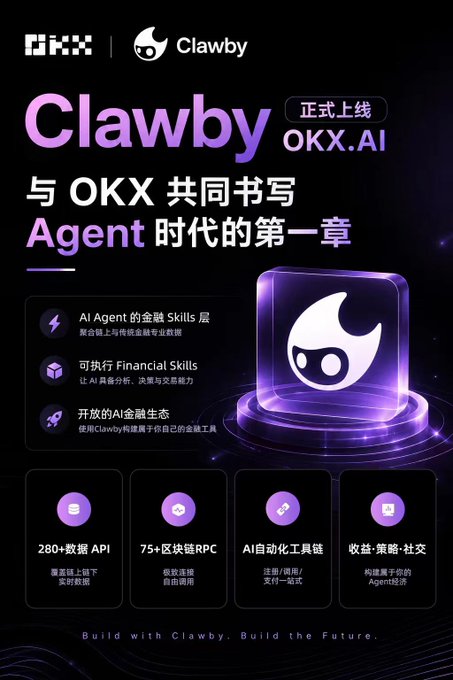 Promotional poster for Clawby on OKX.AI featuring a purple flame logo, highlighting AI Agent financial skills, on-chain AI tools, and developer ecosystem features.