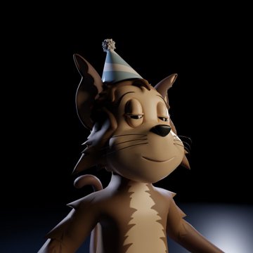 A 3D rendered character resembling a cat wearing a striped party hat, smiling with closed eyes against a black background.