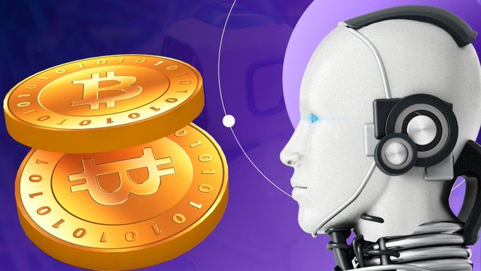A digital illustration of a white humanoid robot with glowing blue eyes facing two large golden Bitcoin coins against a purple geometric background.