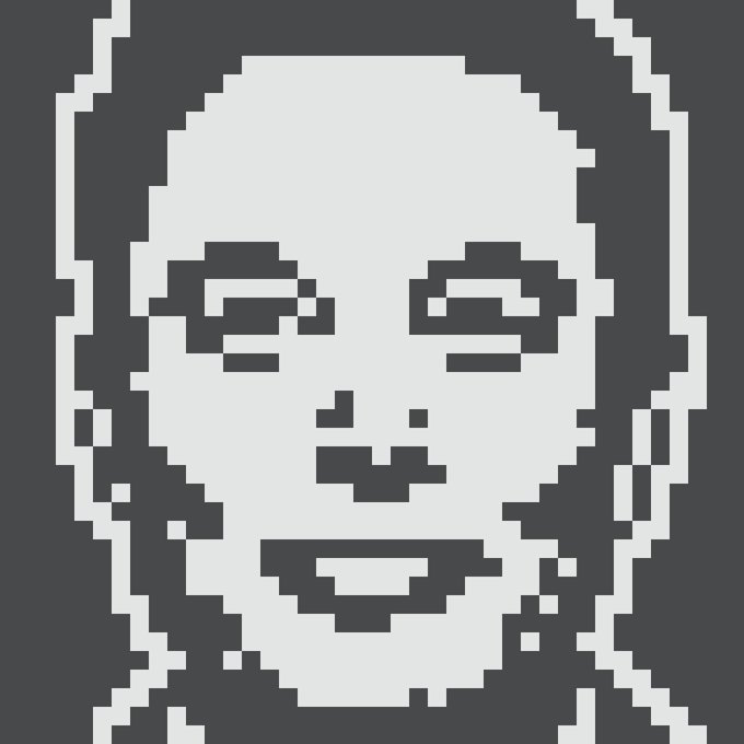 Black-and-white pixel art portrait of a smiling person with shoulder-length hair and earrings on a dark background.