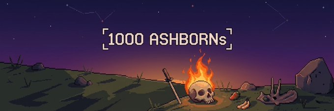 A pixel-art landscape shows a flaming skull atop a battlefield littered with a sword, bones, and debris under a starry purple sky, with the title "1000 ASHBORNS" displayed prominently. The eerie scene visually embodies the post's theme of resurrection, fitting the announcement that 1,000 Ashborn characters have risen and collaborations are now live.