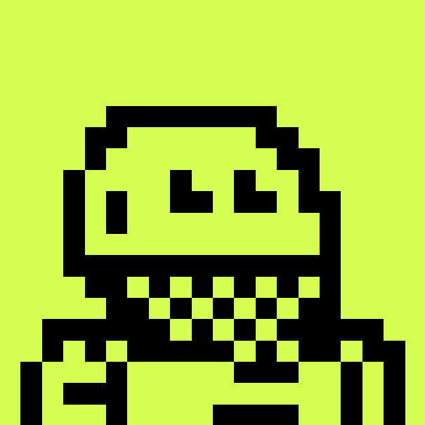 A pixel art character with a skull-like face, hollow eyes, and a wide toothy grin rendered in black on a bright lime green background.