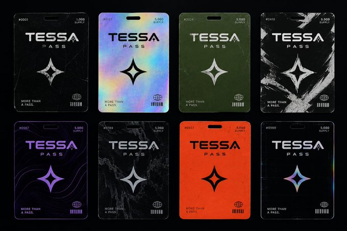 A collection of eight Tessa Pass cards in various designs (black, holographic, green, marbled, purple, and orange) numbered #0001 to #0999, each labeled "5,000 SUPPLY" and "MORE THAN A PASS."