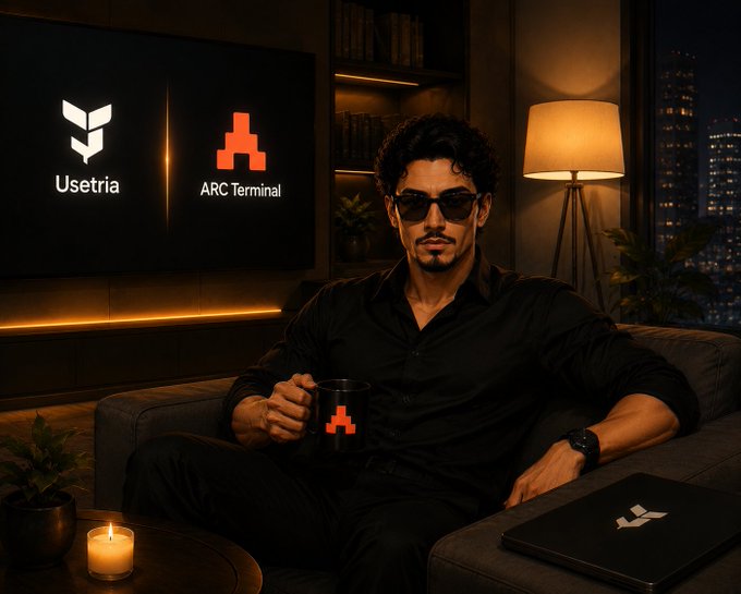 A stylish promotional image showing a man in black wearing sunglasses seated on a gray couch holding a mug, with 'Usetria' and 'ARC Terminal' logos displayed on a screen behind him in a modern apartment setting.