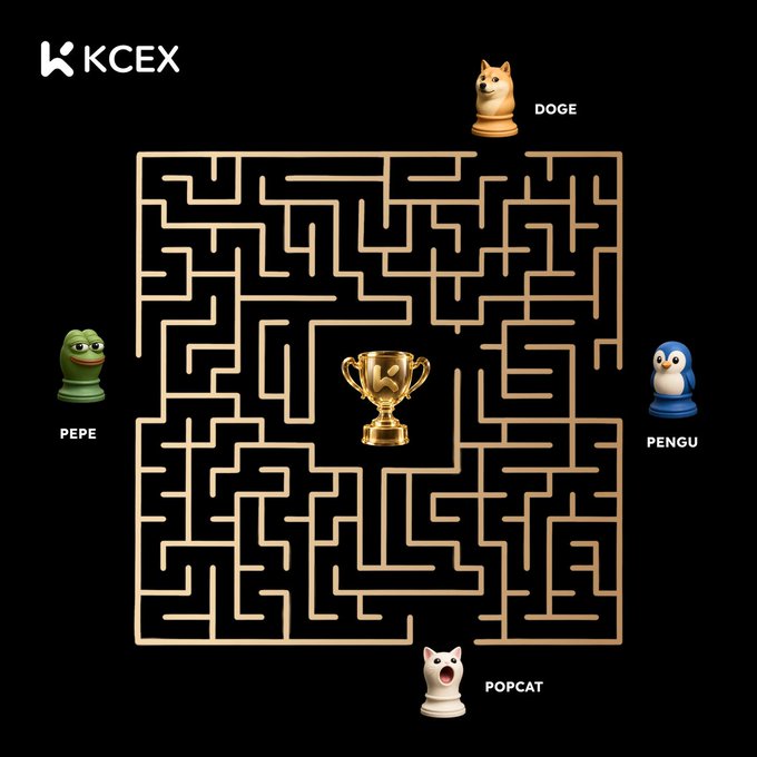 A promotional graphic for KCEX features a golden labyrinth maze with a trophy in the center and four meme coin figurines at the corners labeled PEPE, DOGE, PENGU, and POPCAT.