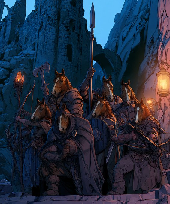 A fantasy illustration of anthropomorphic horse warriors in armor standing in a dark, ancient stone fortress lit by torches and lanterns.