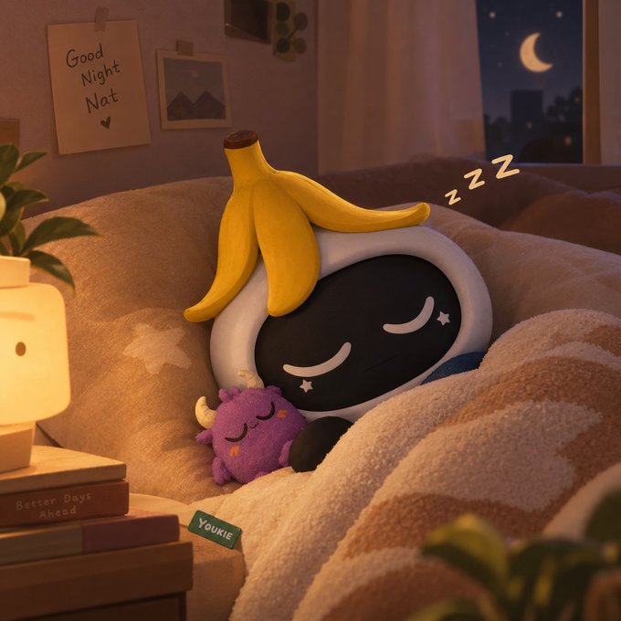 A cute digital illustration of a sleeping character with a banana peel on its head, tucked into bed with a small purple plush toy and 'zzz' floating above; a sign reads 'Good Night Nat' and a tag says 'Youkie'.