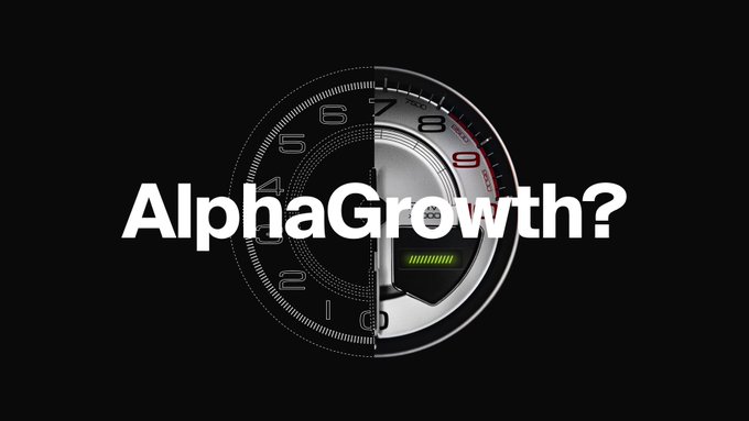 The image features a stylized speedometer on a black background with the text "AlphaGrowth?" prominently displayed in white, suggesting momentum and performance. This visual metaphor of acceleration aligns with the post's introduction to the AlphaGrowth team's disciplined execution and forward-driven approach to ecosystem growth behind the Cardano PRIME proposal.