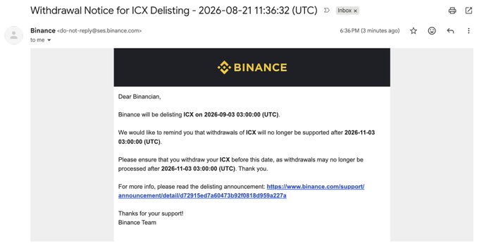 A Binance email titled "Withdrawal Notice for ICX Delisting" informs users that ICX withdrawals will be unsupported after November 3, 2026, coinciding with the exchange's delisting of the token, marking the end of the ICON project's era on the platform.