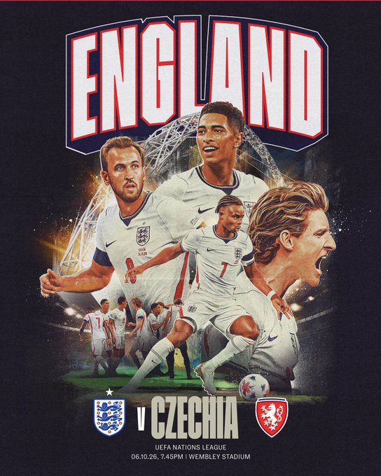 Promotional poster for England's UEFA Nations League match against Czechia at Wembley Stadium on 06.10.26 at 7:45 PM, featuring illustrated players in white England kits and the iconic Wembley arch in the background.

The image directly ties to the post by highlighting the featured "England vs Czechia" fixture from the listed Nations League matchups, showcasing the Three Lions as the focal matchup.