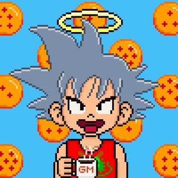 A pixel-art illustration shows a spiky-haired character with a halo, set against a background of Dragon Balls, holding a mug with the letters 'GM'.