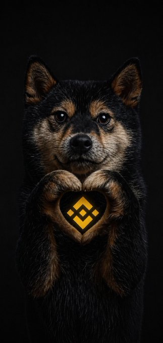 urn of gold and black symbols, including a heart and a yellow triangle, is held by a black and brown dog against a black background.