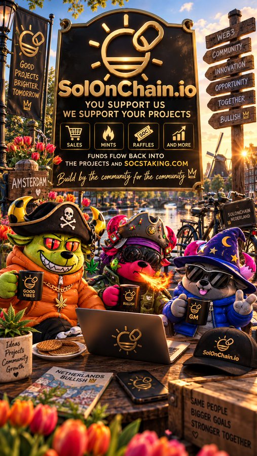 A promotional graphic for 'SolOnChain.io' featuring cartoon characters, including one in an orange 'GOOD VIBES' jacket, with text reading 'YOU SUPPORT US WE SUPPORT YOUR PROJECTS' and 'Build by the community for the community'.