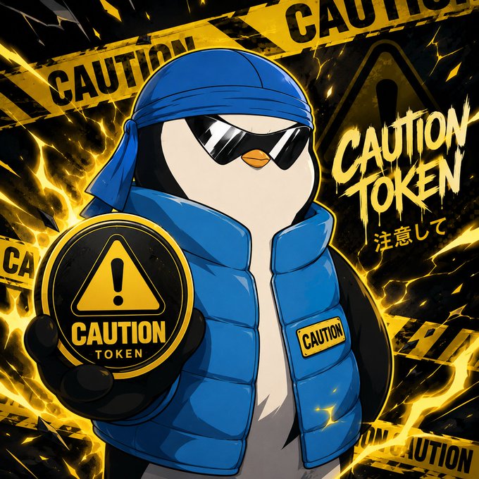 Promotional artwork for 'CAUTION TOKEN' featuring a cartoon penguin wearing sunglasses, a blue cap, and a blue puffer vest, holding a 'CAUTION TOKEN' coin against a background of yellow caution tape and warning signs.