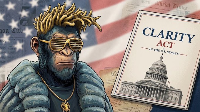 An illustrated stylized chimpanzee wearing gold sunglasses, a gold chain, and a fur coat stands before an American flag, next to a document labeled 'CLARITY ACT IN THE U.S. SENATE' depicting the Capitol building.