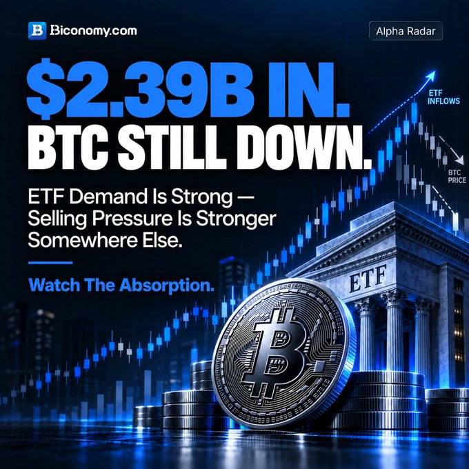 A bold financial graphic from 'Bconomy.com' titled '$2.39B IN. BTC STILL DOWN.', highlighting 'ETF Demand Is Strong — Selling Pressure Is Stronger Somewhere Else', with arrows pointing to rising 'ETF INFLOWS' and falling 'BTC PRICE'.