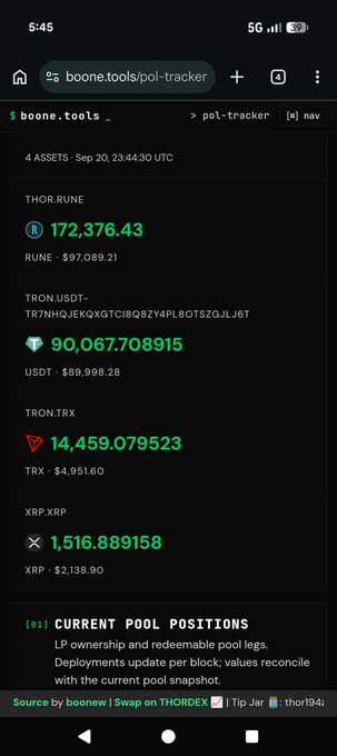 The image displays a tracker showing four assets, including "XRP:XRP" with a value of "1,516.889158 XRP" and a market price of "$2,138.90," which aligns with the post highlighting THORChain's acquisition of 1,516 XRP as permanent liquidity.