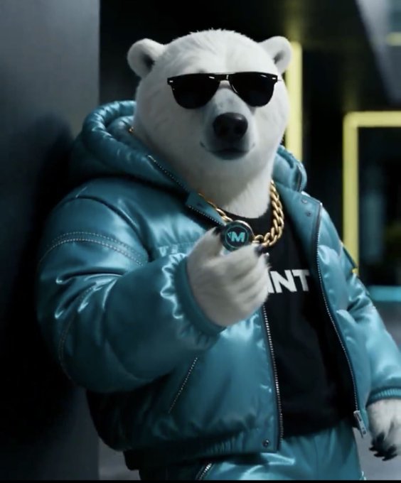 A polar bear character wearing sunglasses, a blue puffer jacket, and a gold chain holds up a coin with an 'M' on it.