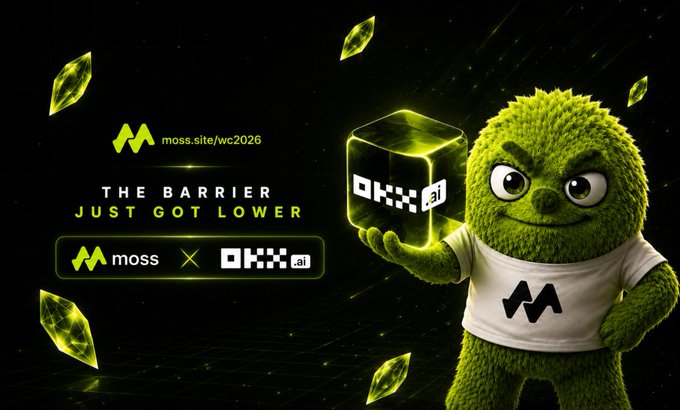 A moss-covered green mascot wearing a "Moss" shirt holds up a glowing cube branded with "OKX.ai" against a black background with floating yellow crystals. The image promotes the Moss × OKX.ai integration with the text "THE BARRIER JUST GOT LOWER" and the link moss.site/wc2026, visually reinforcing the post's message about lowering the barrier to AI trading.