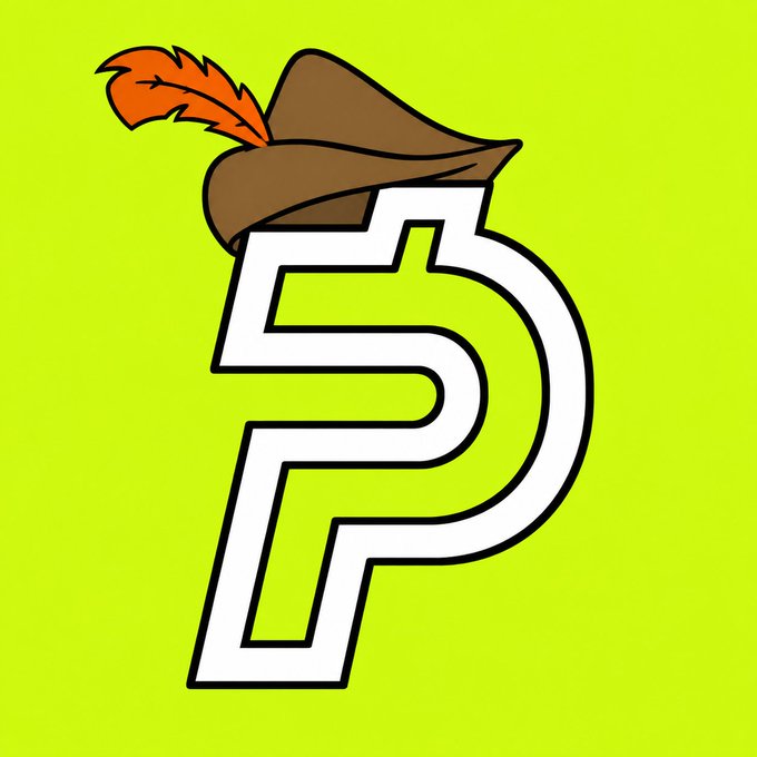 A stylized logo featuring a large white letter 'P' with a black outline on a bright yellow-green background, topped with a brown tricorn-style hat adorned with an orange feather.