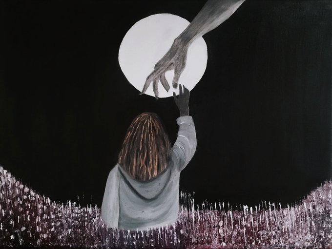 The image features a painting of a woman with long brown hair, wearing a white hoodie, reaching out towards a large white circle or moon that appears to be pulling her up into the air. The background consists of a dark sky filled with stars, creating an atmosphere of mystery and wonder. The painting is titled "GM GN from @xrpcafe Untouchable Oil" in the caption below it.