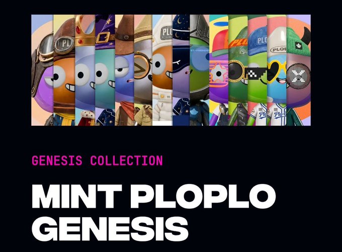 Promotional graphic for 'GENESIS COLLECTION - MINT PLOPLO GENESIS' featuring a row of colorful cartoon character designs with various outfits and accessories.