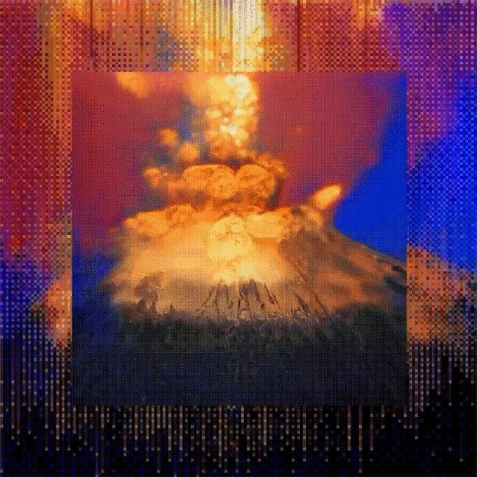 A digital composite image displaying a photograph of a smoking volcano overlaid with a colorful, grid-like pattern of blue, orange, and yellow dots and lines.
