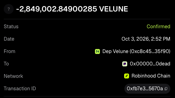 A screenshot of a cryptocurrency transaction showing -2,849,002.8490028 VELUNE sent to address 0x00000...0dead on the Robinhood Chain.