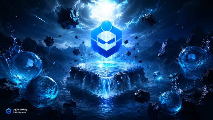 The image features a blue cube with a white face, surrounded by water droplets that are floating around it. The background of the image is dark blue, which contrasts with the bright colors of the cube and the water droplets. There are also some rocks in the scene. The caption "Stake Shido. Stay liquid." suggests that there might be a connection between the cube's design or color scheme and the post about staying liquid.