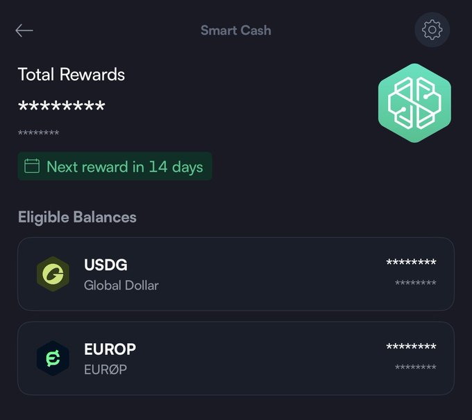 A mobile app screen displays the "Smart Cash" rewards page showing masked Total Rewards with a "Next reward in 14 days" banner, alongside eligible balances for USDG (Global Dollar) and EUROP. The interface supports the post's announcement that the first Paid to Deposit Smart Cash rewards for $USDG and $EUROP are just 14 days away.