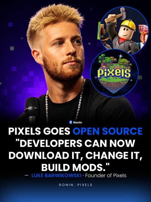 Luke Barwikowski, founder of Pixels, speaks at an event announcing the game is going open source, with overlays of a pixelated builder character and the Pixels logo. The post highlights Pixels' next chapter following its multiple Game Awards wins, aligning with the image's announcement that developers can now download, modify, and build mods for the game.