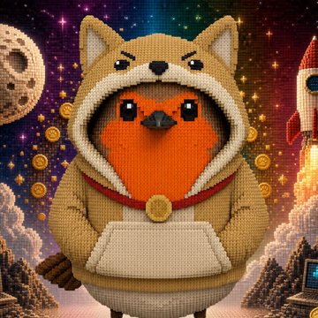 A pixelated, LEGO-style orange bird mascot wearing a tan Shiba Inu dog hoodie, set against a cosmic background with a moon, stars, and a rocket.