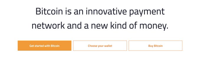 A screenshot of a Bitcoin informational webpage stating 'Bitcoin is an innovative payment network and a new kind of money.' with three orange buttons reading 'Get started with Bitcoin', 'Choose your wallet', and 'Buy Bitcoin'.