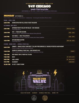 The image displays a detailed Monday schedule (September 14) for the V4V Chicago Bitcoin & Value 4 Value Summit, listing speakers such as Aaron van Wirdum and Paul Sztorc alongside event times from 8:00 AM to 10:30 PM CT, with "V4V - Food and Function" at 3:00 PM and "Lightning Box Launch" at 7:00 PM highlighted.

The image complements the post by providing the specific Monday agenda preview referenced in the announcement, showing the lineup of speakers and sessions attendees can expect at the summit.