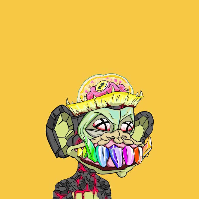 A colorful cartoon mutant character with an exposed brain, wide grin filled with vibrant crystal-like teeth, and X-shaped eyes poses against a bright yellow background, fitting the "LilMutants" theme as a playful example of a quirky mutant design.