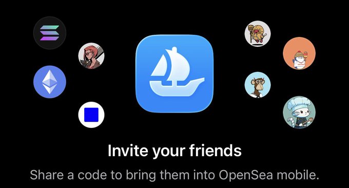 An OpenSea mobile app screen displaying the OpenSea logo in the center surrounded by NFT profile pictures, with the text "Invite your friends" and "Share a code to bring them into OpenSea mobile."