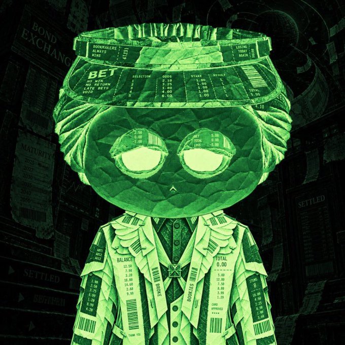 A green-tinted origami-style character wearing a visor displaying 'BET' and odds, with text like 'BOOKMAKERS', 'WINS', and 'SETTLED' visible in the background.