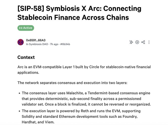 The image shows a Snapshot governance proposal titled "[SIP-58] Symbiosis X Arc: Connecting Stablecoin Finance Across Chains," marked as Active and authored by 0x6591…66A3 in Symbiosis DAO. It provides context about Arc, an EVM-compatible Layer 1 built by Circle with a Malachite consensus layer and Reth-powered execution layer, directly supporting the post about bringing Arc Chain to Symbiosis through a live DAO vote.