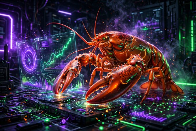 A digital artwork depicts a glowing red lobster-like creature with claws extended over a circuit board, surrounded by holographic neon purple and green data displays in a futuristic tech environment.