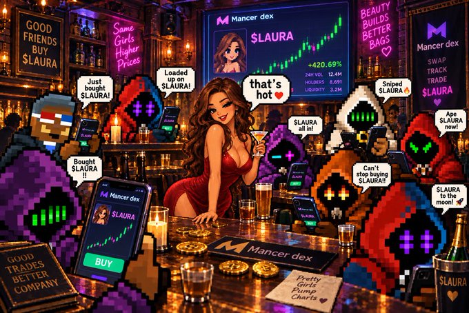 A stylized, AI-generated image shows a woman in a red dress sitting at a neon-lit bar surrounded by pixel-art meme characters, with multiple screens and neon signs highlighting the "Mancer dex" platform and the "$LAURA" token, which is shown up 420.69% on a green chart. The scene directly illustrates the post's playful brag about $LAURA's ~50% surge by depicting the token as the star attraction—flanked by cheering pixelated fans and signs like "Good Friends Buy $Laura" and "SWAP TRACK TRADE $LAURA"—matching the post's "tell your friends" and "legs" theme.