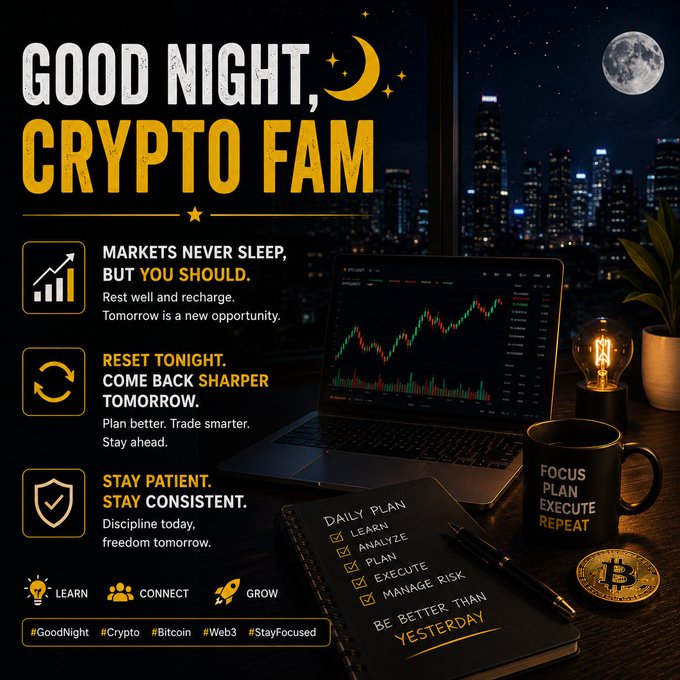 A 'GOOD NIGHT, CRYPTO FAM' infographic features text about markets, discipline, and patience alongside a laptop displaying trading charts, a Bitcoin coin, and a 'FOCUS PLAN EXECUTE REPEAT' mug.