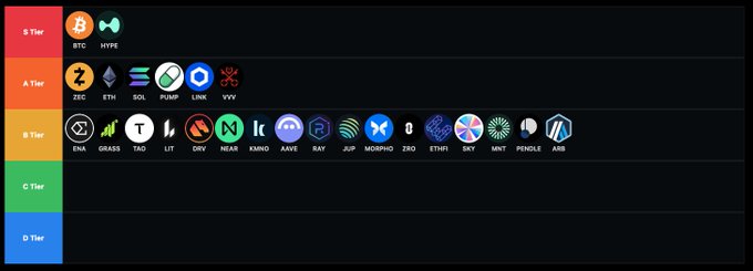 A cryptocurrency tier list ranking altcoins from S Tier (BTC, HYPE) down to A, B, and empty C and D tiers, featuring tokens like ZEC, ETH, SOL, PUMP, LINK, VVV, ZEN, GRASS, TRB, LIT, OXY, NEAR, TAHO, AAVE, RAY, XRP, MORPHO, ZRO, ETHFI, SKY, MNT, PENDLE, and AIO. The tier list visually supports the post's argument that a curated selection of altcoins representing real technology and applications will outperform skepticism about their value, acting as long-term "protocol equity."
