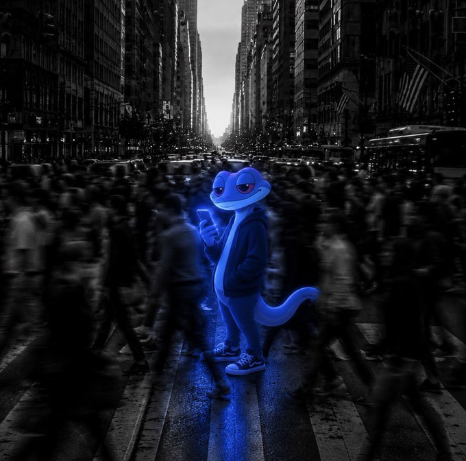 A blue lizard-like character wearing a hoodie and sneakers stands out against a grayscale, blurred city street, illuminated by the glow of a smartphone it holds in its hands.