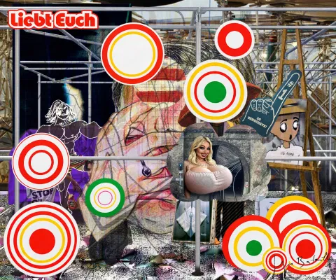 A chaotic collage featuring a woman with crossed arms, surrounded by red, white, yellow, and green target circles, with German text "Liebt Euch" at the top.