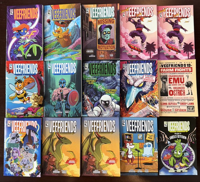 A collection of 15 Veefriends comic book covers arranged in rows, featuring various colorful characters and one trading card '#13 FARM FIGHTS: EMU VS. OSTRICH'.