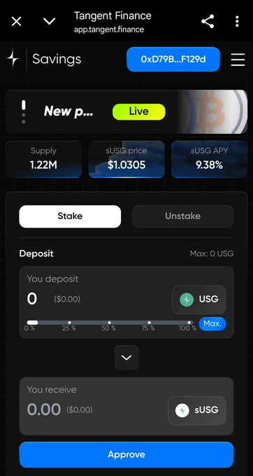 A mobile screenshot of Tangent Finance (app.tangent.finance) showing a Savings interface with Stake/Unstake tabs, displaying Supply 1.22M, sUSG price $1.0305, and sUSG APY 9.38%, with an Approve button at the bottom.