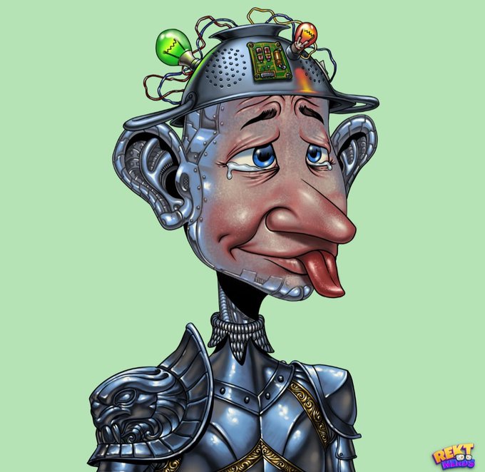 A cartoonish robot-knight with exposed wires, colorful lightbulbs, and a sad, tongue-out expression is paired with a cheerful "Good morning fam!!" greeting, creating a humorous contrast. The "REKT MEMES" watermark appears in the corner.