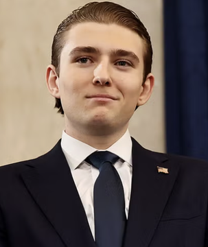 The image shows Barron Trump, who is reportedly mentioned in a Forbes article about his alleged $80 million earnings from Bitcoin and crypto investments.